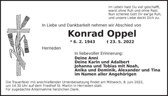 Traueranzeige von Konrad Oppel von Ansbach