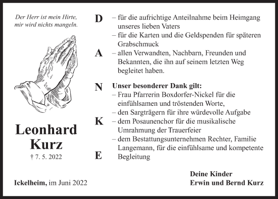 Traueranzeige von Leonhard Kurz von Neustadt/ Scheinfeld/ Uffenheim