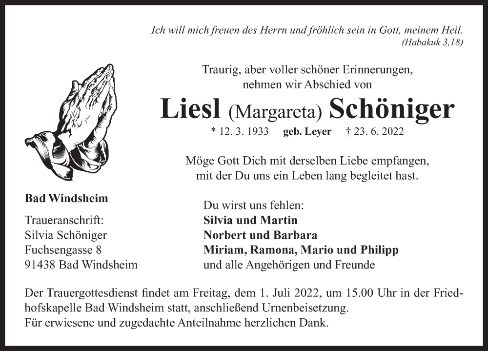  Traueranzeige für Liesl Schöniger vom 29.06.2022 aus Neustadt/ Scheinfeld/ Uffenheim