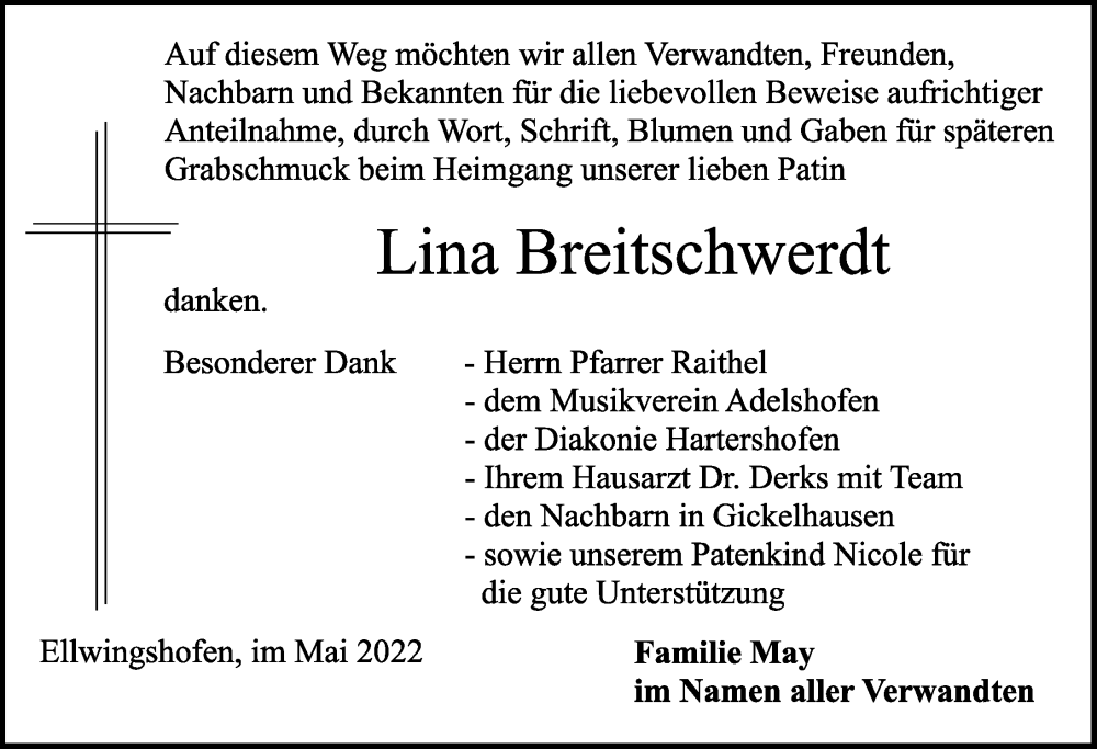  Traueranzeige für Lina Breitschwerdt vom 04.06.2022 aus Rothenburg