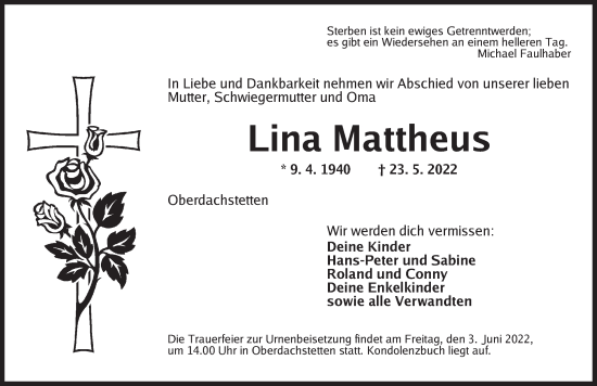 Traueranzeige von Lina Mattheus von Ansbach