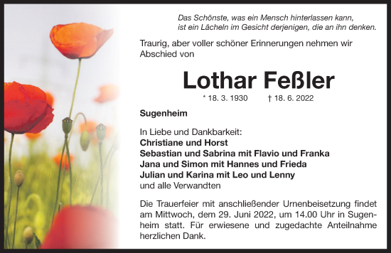 Traueranzeige von Lothar Feßler von Neustadt/ Scheinfeld/ Uffenheim