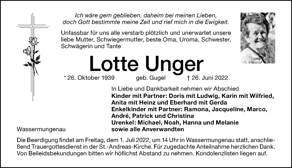  Traueranzeige für Lotte Unger vom 29.06.2022 aus Ansbach
