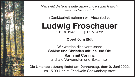 Traueranzeige von Ludwig Froschauer von Neustadt/ Scheinfeld/ Uffenheim