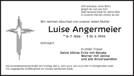 Traueranzeige von Luise Angermeier von Dinkelsbühl/ Feuchtwangen