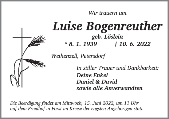 Traueranzeige von Luise Bogenreuther von Ansbach