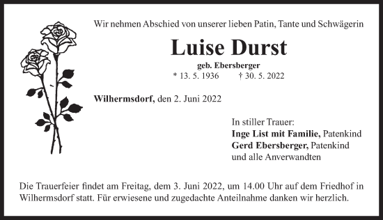 Traueranzeige von Luise Durst von Neustadt/ Scheinfeld/ Uffenheim