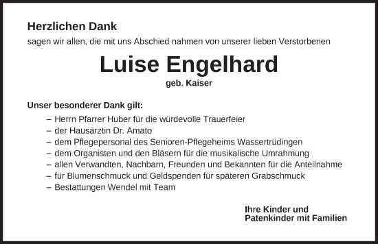 Traueranzeige von Luise Engelhard von Dinkelsbühl/ Feuchtwangen