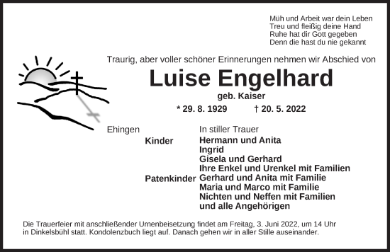 Traueranzeige von Luise Engelhard von Dinkelsbühl/ Feuchtwangen