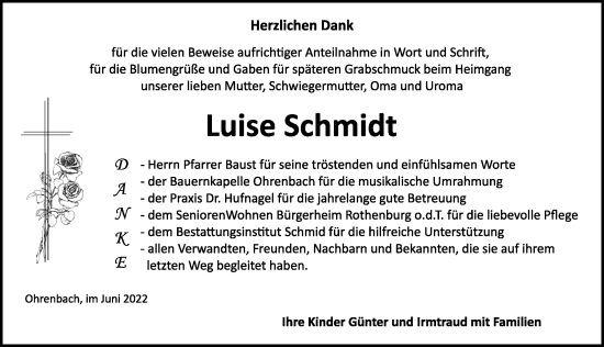 Traueranzeige von Luise Schmidt von Rothenburg