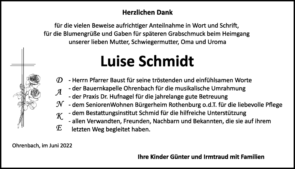  Traueranzeige für Luise Schmidt vom 11.06.2022 aus Rothenburg