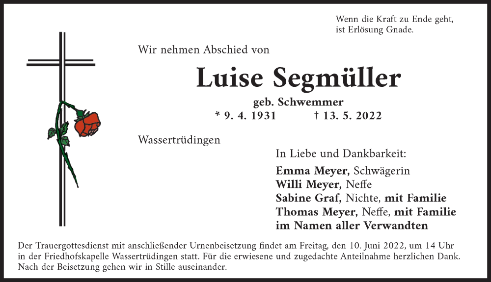  Traueranzeige für Luise Segmüller vom 08.06.2022 aus Dinkelsbühl/ Feuchtwangen