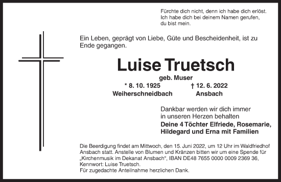 Traueranzeige von Luise Truetsch von Ansbach