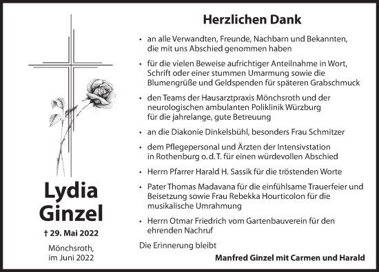 Traueranzeige von Lydia Ginzel von Dinkelsbühl/ Feuchtwangen