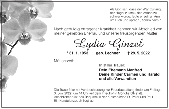 Traueranzeige von Lydia Ginzel von Dinkelsbühl/ Feuchtwangen