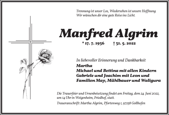 Traueranzeige von Manfred Algrim von Neustadt/ Scheinfeld/ Uffenheim