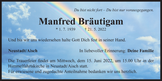 Traueranzeige von Manfred Bräutigam von Neustadt/ Scheinfeld/ Uffenheim