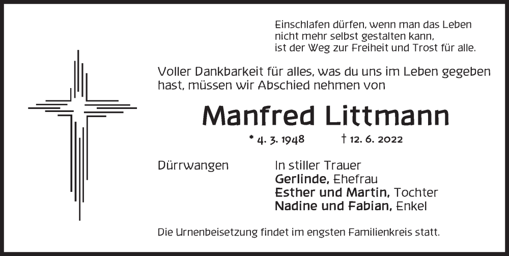  Traueranzeige für Manfred Littmann vom 18.06.2022 aus Dinkelsbühl/ Feuchtwangen