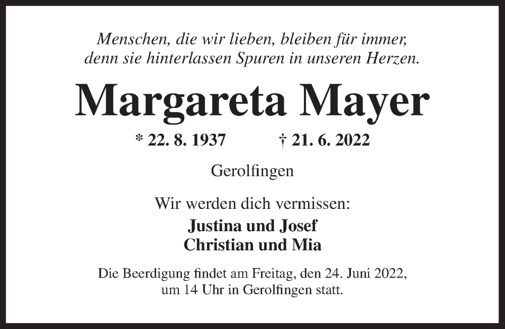  Traueranzeige für Margareta Mayer vom 23.06.2022 aus Dinkelsbühl/ Feuchtwangen
