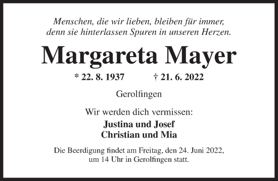 Traueranzeige von Margareta Mayer von Dinkelsbühl/ Feuchtwangen