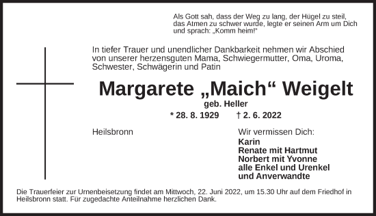 Traueranzeige von Margarete  Weigelt von Ansbach