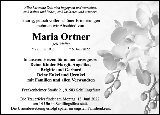 Traueranzeige von Maria Ortner von Rothenburg