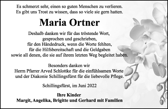 Traueranzeige von Maria Ortner von Rothenburg