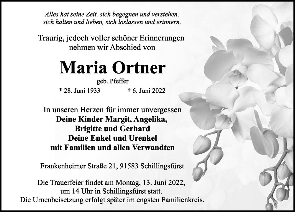  Traueranzeige für Maria Ortner vom 10.06.2022 aus Rothenburg