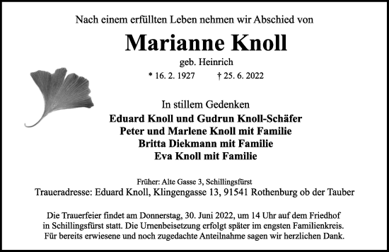 Traueranzeige von Marianne Knoll von Rothenburg