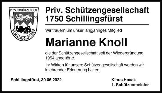 Traueranzeige von Marianne Knoll von Rothenburg