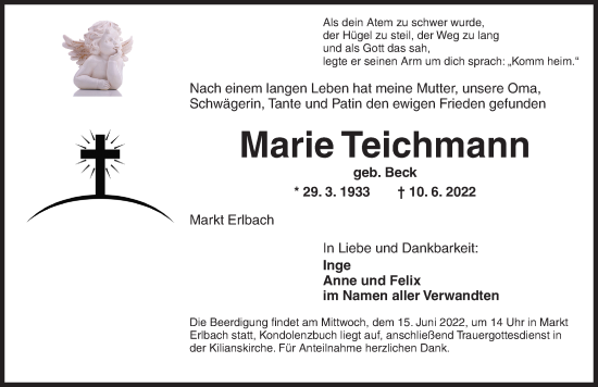 Traueranzeige von Marie Teichmann von Neustadt/ Scheinfeld/ Uffenheim