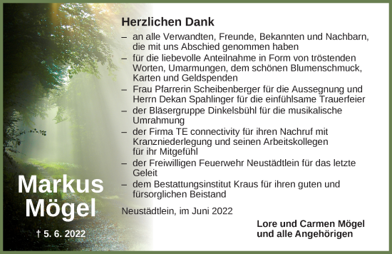 Traueranzeige von Markus Mögel von Dinkelsbühl/ Feuchtwangen