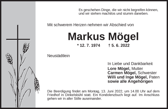 Traueranzeige von Markus Mögel von Dinkelsbühl/ Feuchtwangen