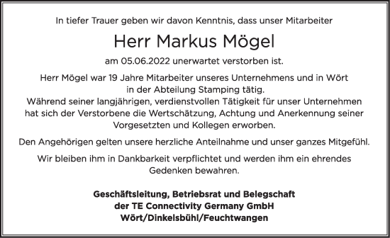 Traueranzeige von Markus Mögel von Dinkelsbühl/ Feuchtwangen