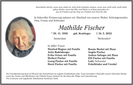 Traueranzeige von Mathilde Fischer von Ansbach