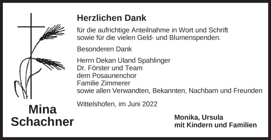 Traueranzeige von Mina Schachner von Dinkelsbühl/ Feuchtwangen