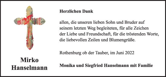 Traueranzeige von Mirko Hanselmann von Rothenburg