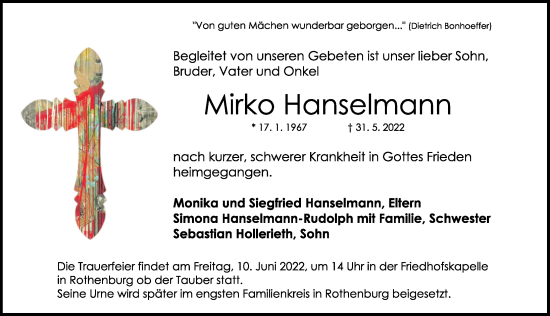 Traueranzeige von Mirko Hanselmann von Rothenburg