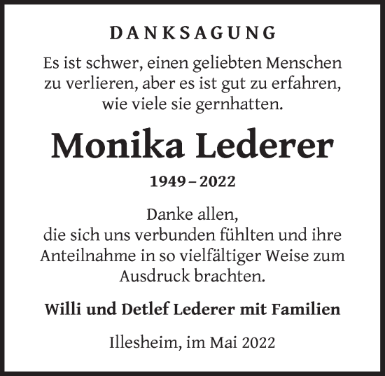 Traueranzeige von Monika Lederer von Neustadt/ Scheinfeld/ Uffenheim