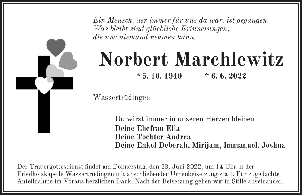  Traueranzeige für Norbert Marchlewitz vom 21.06.2022 aus Dinkelsbühl/ Feuchtwangen