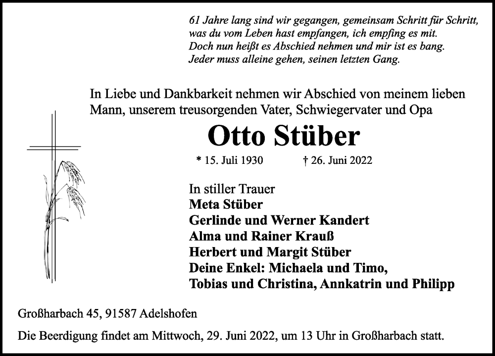 Traueranzeige für Otto Stüber vom 28.06.2022 aus Rothenburg