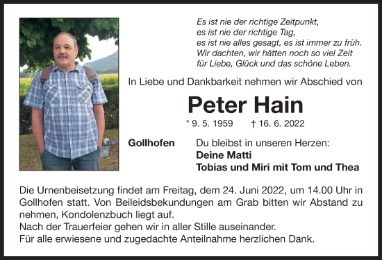 Traueranzeige von Peter Hain von Neustadt/ Scheinfeld/ Uffenheim