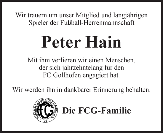 Traueranzeige von Peter Hain von Neustadt/ Scheinfeld/ Uffenheim