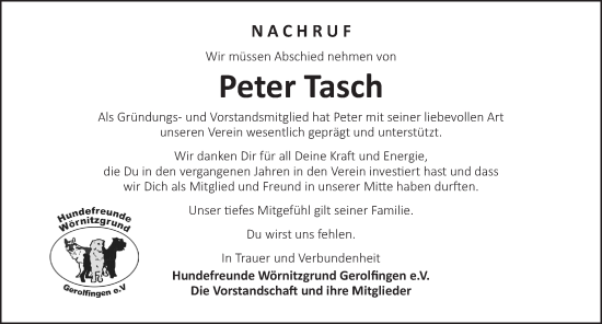 Traueranzeige von Peter Tasch von Dinkelsbühl/ Feuchtwangen