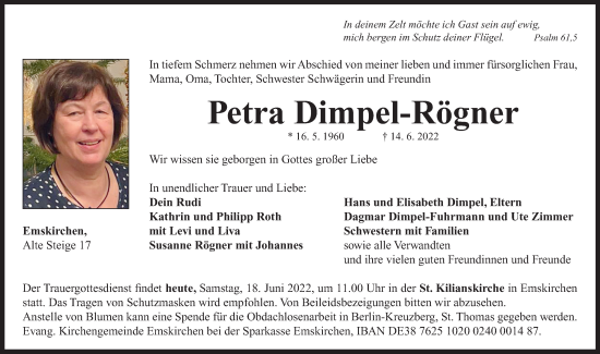 Traueranzeige von Petra Dimpel-Rögner von Neustadt/ Scheinfeld/ Uffenheim