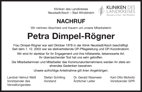 Traueranzeige von Petra Dimpel-Rögner von Neustadt/ Scheinfeld/ Uffenheim