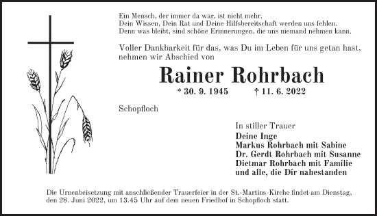 Traueranzeige von Rainer Rohrbach von Dinkelsbühl/ Feuchtwangen