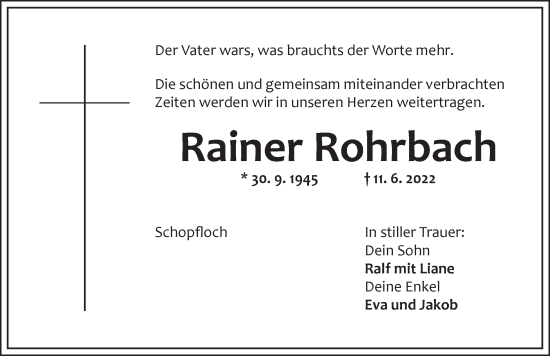 Traueranzeige von Rainer Rohrbach von Dinkelsbühl/ Feuchtwangen