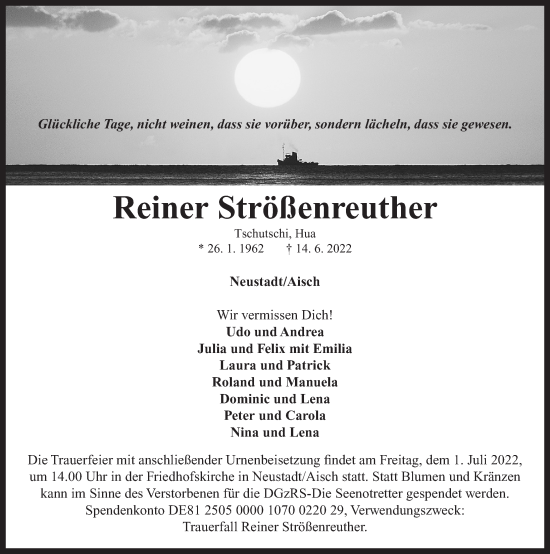 Traueranzeige von Reiner Strößenreuther von Neustadt/ Scheinfeld/ Uffenheim