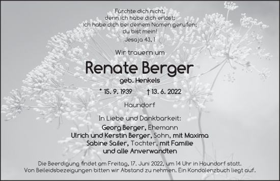 Traueranzeige von Renate Berger von Dinkelsbühl/ Feuchtwangen